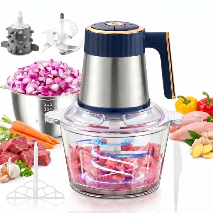 Hachoir Électrique avec 2 Bols(Verre + Acier Inox) 5 Vitesses 6 Lames en Acier InoxydableÉplucheur dail en silicone