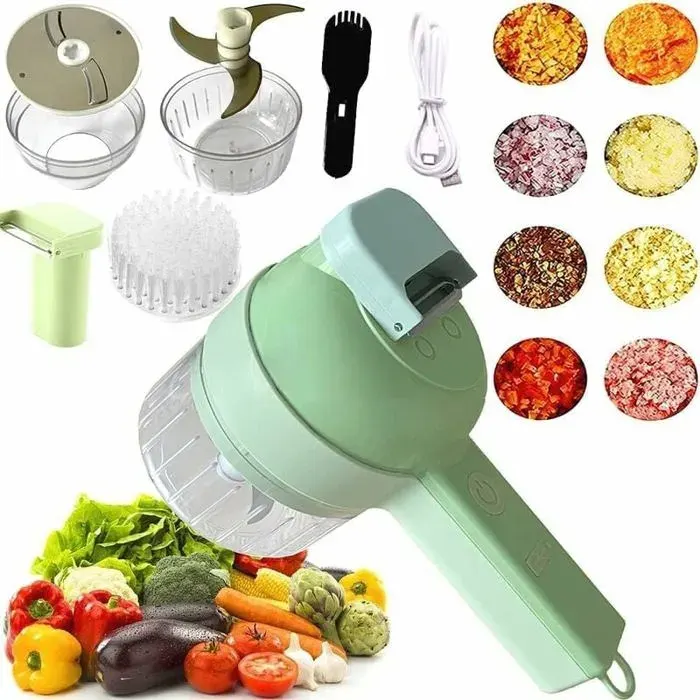 Hachoir électrique - PZCC - 4 en 1 - Rechargeable USB - Nettoyage auto 1 bouton - Lames inox — coloris Vert