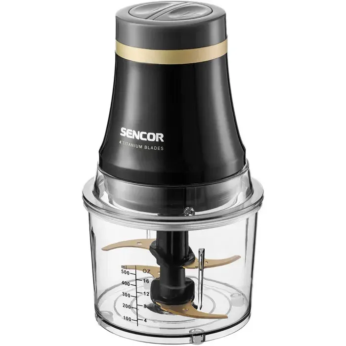 Hachoir électrique Sencor SCB 4000BK - Hacher et fouetter - 4 lames titane doré - Bol 1 L - Anti-éclaboussures - Noir