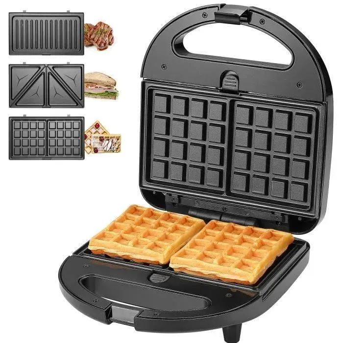 Happy-KotiCidsin Gaufrier multifonction Croque Monsieur Grill et Gaufrier 3 en 1 Grande Puissance de 750W Noir