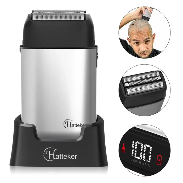 Hatteker RASOIR ELECTRIQUE Tondeuse Crâne Homme Rasoir Tête Chauve Étanche avec Socle - Couleur argent