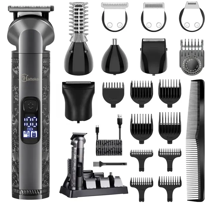 Hatteker Tondeuse à Cheveux Tondeuse à Barbe Kit de Tondeuse Rasoir étanche Pour Hommes USB Rechargeable 8 en 1（Gris）