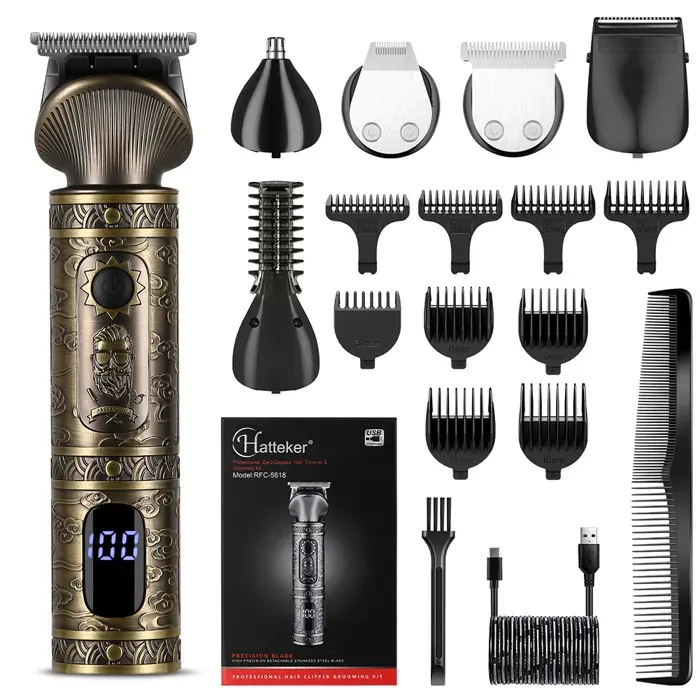 HATTEKER TONDEUSE CHEVEUX Homme 6 en 1 – Tondeuse Barbe Corps Nez Précision Étanche USB Rechargeable Pro – Couleur Or