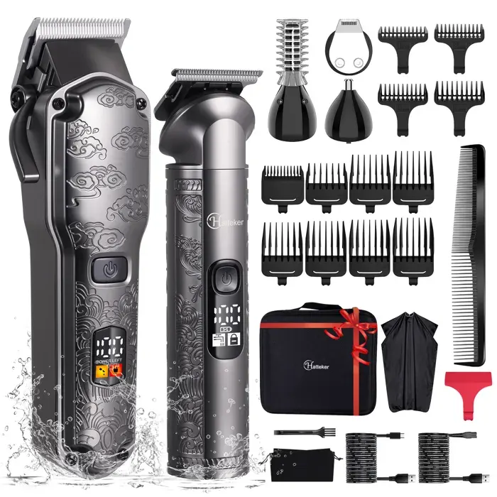 Hatteker Tondeuse Cheveux Homme – Kit de Rasage Étanche Tondeuse Barbe T-Blade Trimmer Sans Fil Rechargeable gris