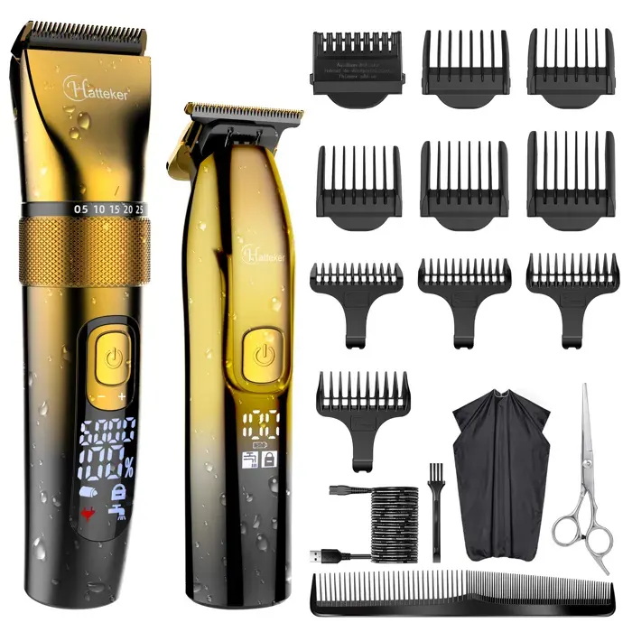 Hatteker TONDEUSE CHEVEUX Pro 5en1 IPX7 Étanche - Tondeuse Barbe Trimmer T-Précision Kit de Coupe pour Hommes Multifonction(Or)