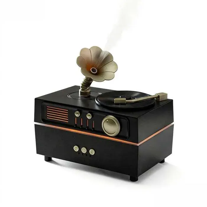 Haut-parleur Bluetooth rétro gramophone humidificateur dair ultrasonique diffuseur darômes veilleuse LED multicolore noir