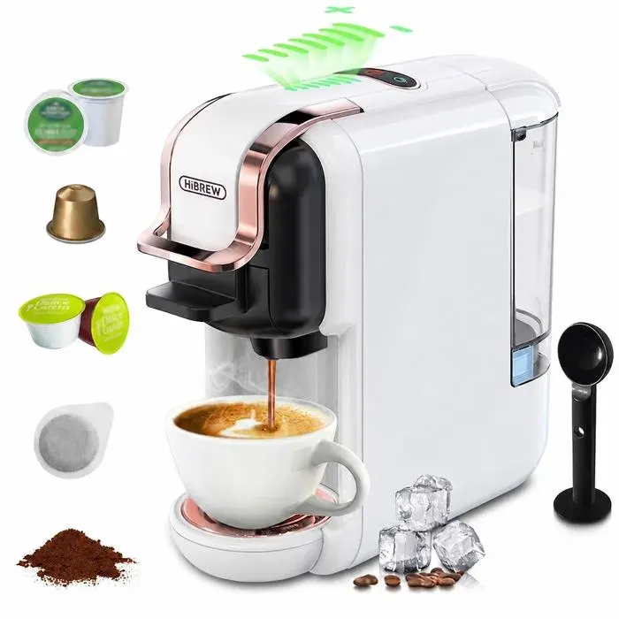 HiBREW Machine à Café 5-en-1 Blanc 19 Bars Compatible Multi-Capsules et Café Moulu Arrêt Auto – Zéro Gaspillage