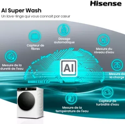 Hisense - Lave Linge Hublot Wf7s1247bw - 12 Kg - 1400 Tr/Min - Classe A - Moteur Induction - Autodosage - Connecté Wifi - Noir — vue 8