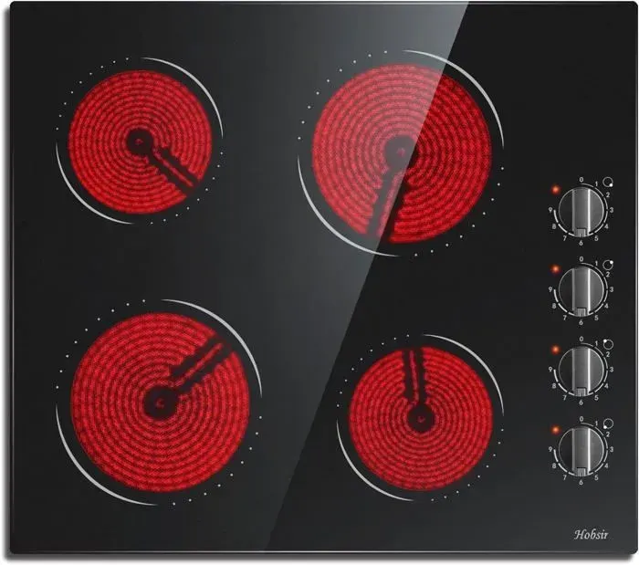 Hobsir Plaque de Cuisson Vitrocéramique - 4 Foyers - L59 x P52 cm - Encastrable - 6000W -Bouton de commande