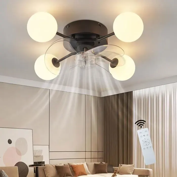 Homefire Ventilateur de plafond avec éclairage : 4 ampoules abat-jour sphérique blanc laiteux 6 vitesses