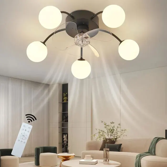 Homefire Ventilateur de plafond avec éclairage : 5 ampoules abat-jour sphérique blanc laiteux 6 vitesses