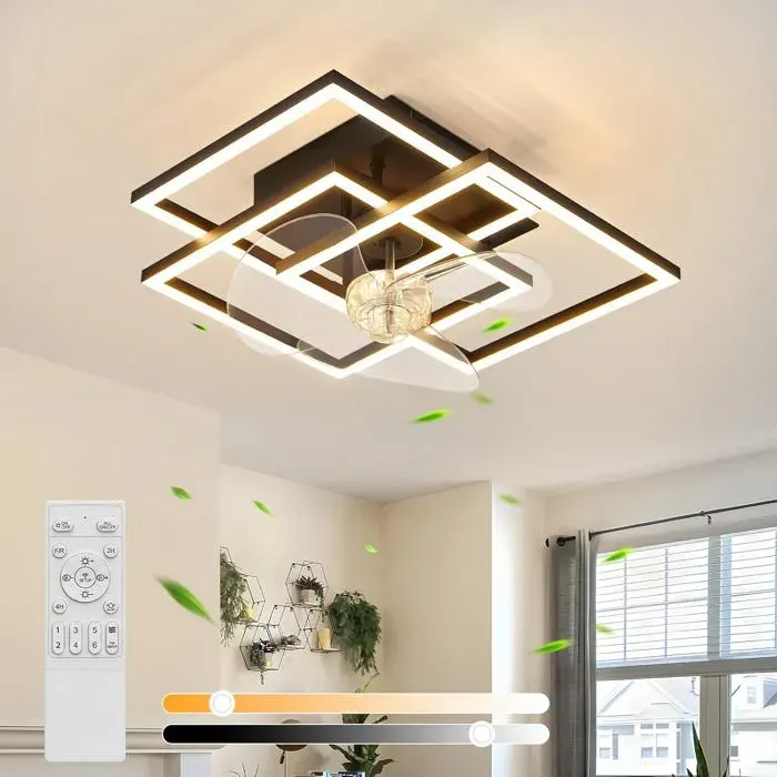 Homefire Ventilateur de plafond avec éclairage LED – télécommande incluse abat-jour carré noir à trois lumières 6 vitesses