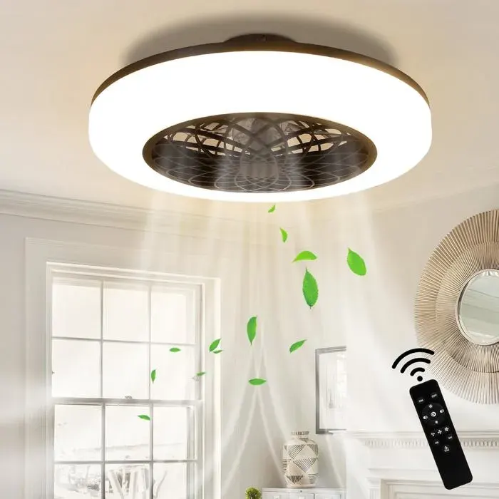 Homefire Ventilateur de plafond rond à Led avec éclairage - Fer - Noir et blanc - 495 x 495 x 16 cm - avec télécommande - Timing
