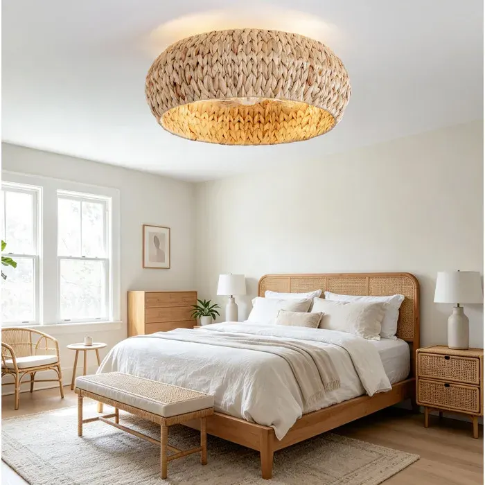 HOMVRA Plafonnier ventilateur rotin avec éclairage commande Bluetooth et télécommande 6 vitesses cuivre