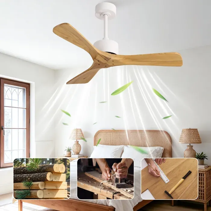 HOMVRA Ventilateur de plafond 42 pouces sans lumière bois naturel et blanc télécommande moteur DC réversible