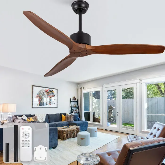 HOMVRA Ventilateur de plafond 52 pouces sans lumière bois massif télécommande 6 vitesses