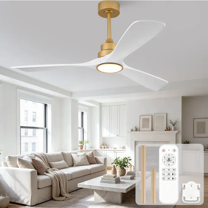 HOMVRA Ventilateur de plafond avec lumière LED 3 pales en bois télécommande 6 vitesses réversible or et blanc