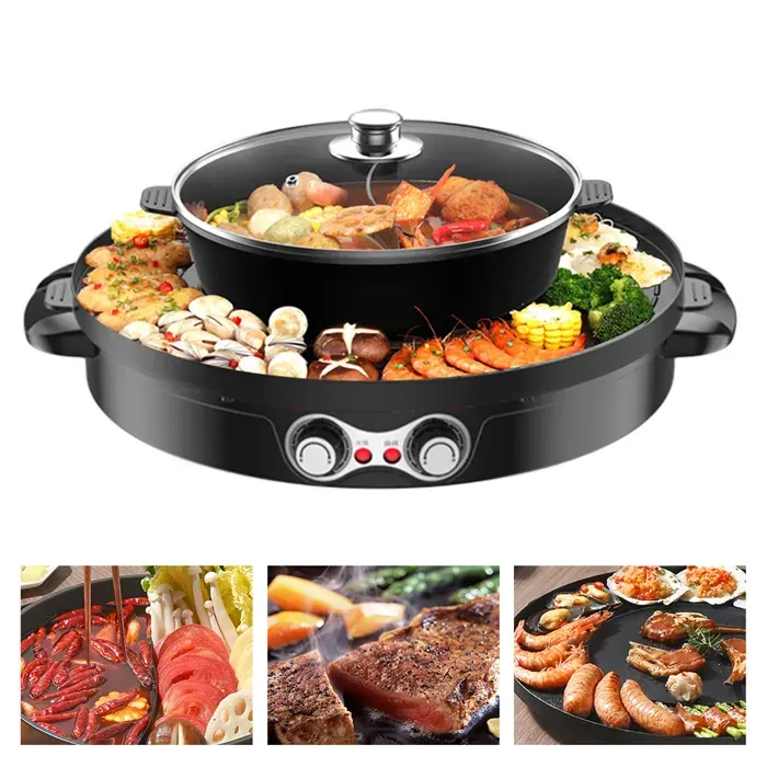 Hot Pot avec Grill 2200W 220V-Hotpot Électrique 2 en 1 Grill Électrique Multifonction avec Régulation de Température Indépendante
