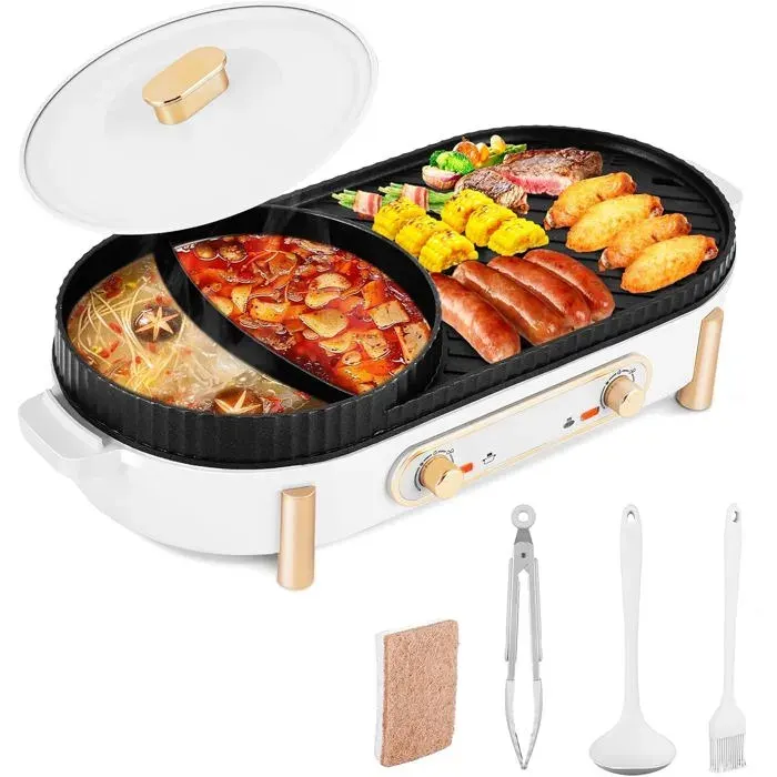 Hot Pot + Grill 2 en 1 - YJINGRUI - Hot Pot Grill 2200W - 2 réglages température indépendants - Bac récupération dhuile — coloris Noir