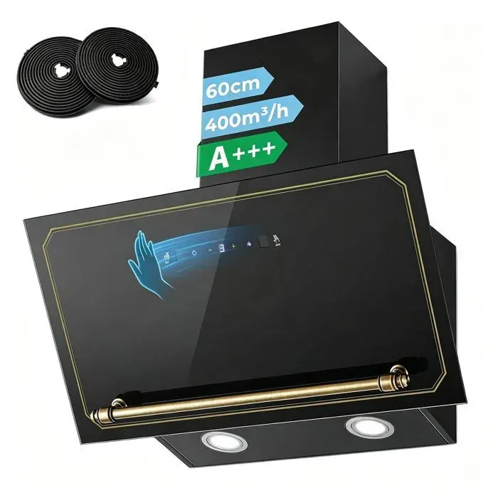 Hotte Aspirante 60 cm 400 m³/hA+++ Hotte Cuisine Inclinée Commandes Tactiles & GestuellesBoost Évacuation/Recyclage