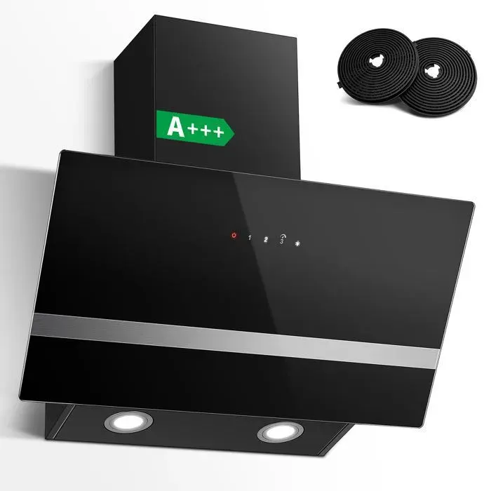 Hotte Aspirante 60 cm A+++ Hotte Cuisine Silencieuse Inclinée 450 m³/h 3 Vitesses + Boost Évacuation/Recyclage