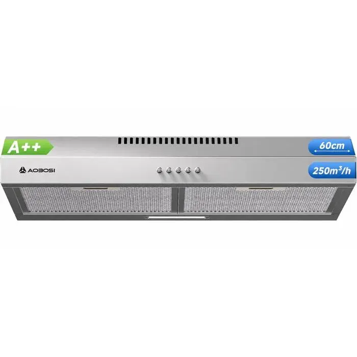 Hotte Aspirante 60 cm AOBOSI Hotte Casquette avec Éclairage LED Évacuation ou Recyclage 3 Vitesses Classe A++ — coloris Argent