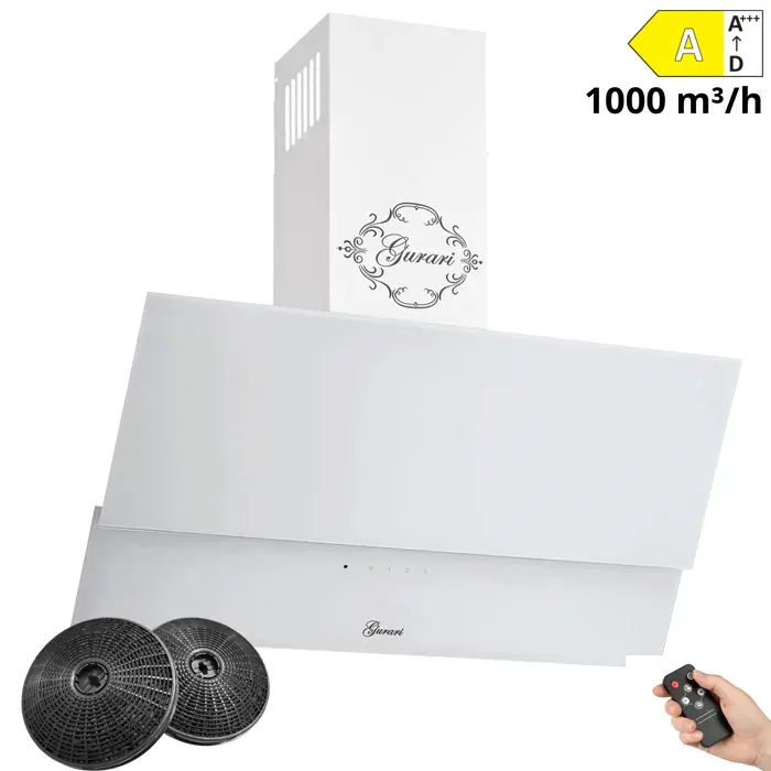 Hotte aspirante 60 cm GURARI GCH 268 WH 6+filtre à charbon • Blanc verre• Нotte murale inclinée 1000m³/h•Touch Control+Télécommande