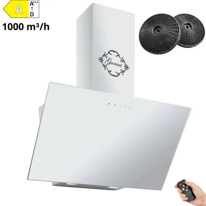 Hotte aspirante 60 cm GURARI GCH 286 WH 6+filtre à charbon • Blanc verre • Нotte murale inclinée 1000m³/h • Evacuation & Recyclage