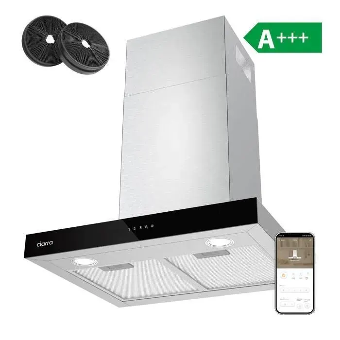 Hotte Aspirante 60cm A+++ 650m3/h APP Contrôle et Commande Tactile Booster Fonction Extracteur de cuisine Inox CIARRA
