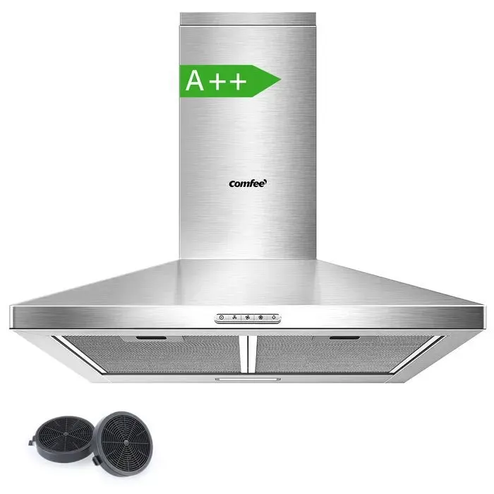 Hotte Aspirante 60cm Comfee - 400 m³/h - Classe A++ - 2 Filtres à Charbon - 3 Vitesses - Recyclage & Évacuation - LED lampe - Inox