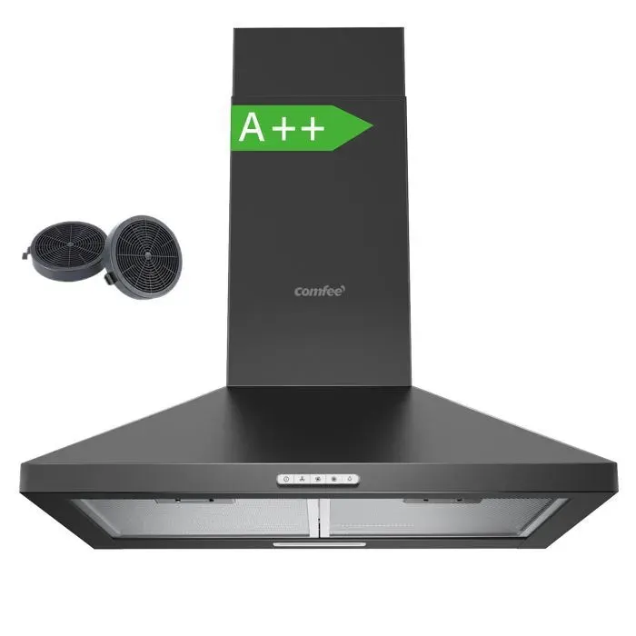 Hotte Aspirante 60cm Comfee - 400 m³/h - Classe A++ - 2 Filtres à Charbon - 3 Vitesses - Recyclage & Évacuation - LED lampe - Noir