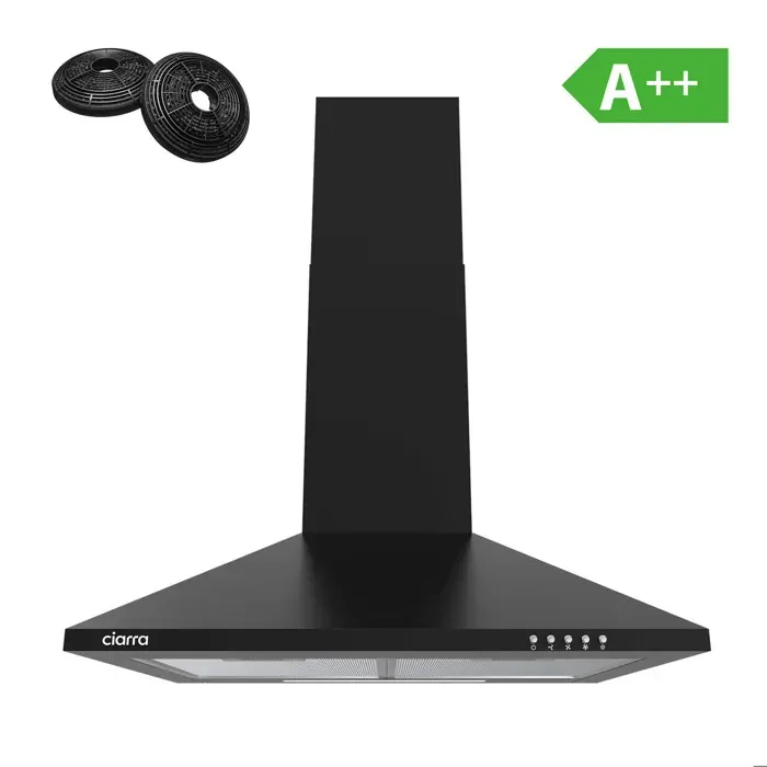 Hotte Aspirante 60cm Noir 3 Vitesses 350 m3/h Classe A++ Filtre Actif inclus Recyclage ou Evacuation