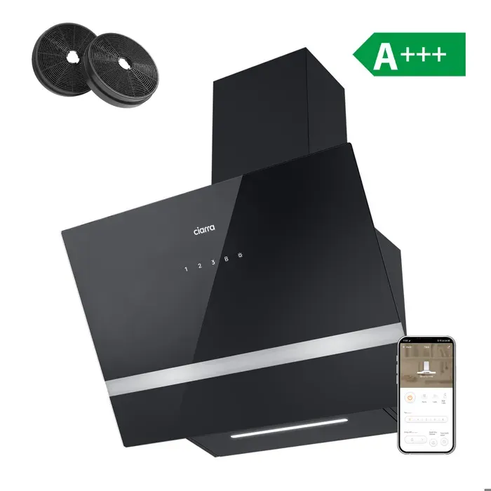 Hotte Aspirante 60cm Smart Contrôle Touche Tactile 650m3/h A+++ 2pcs Filtre Actif Noir CIARRA