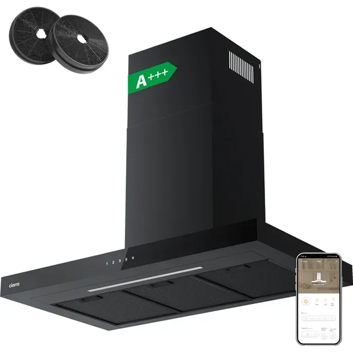 Hotte Aspirante 90 cm A+++ APP Contrôle 650m3/h Booster LED Réglable Commande Tactile Noire CIARRA
