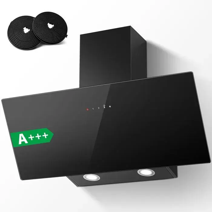 Hotte Aspirante 90 cm A+++ Hotte de Cuisine Inclinées Noir 450 m³/h 3 Vitesses Commande Tactile Recyclage/Évacuation