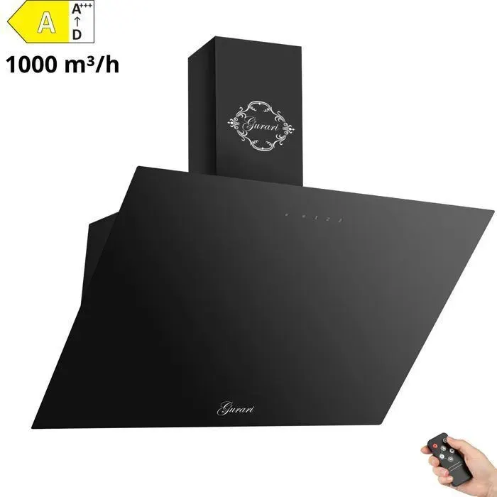 Hotte aspirante 90 cm GURARI 286 BL 9 Noir verre Нotte murale inclinée 1000m³/h Evacuation/Recyclage•Touch Control+Télécommande