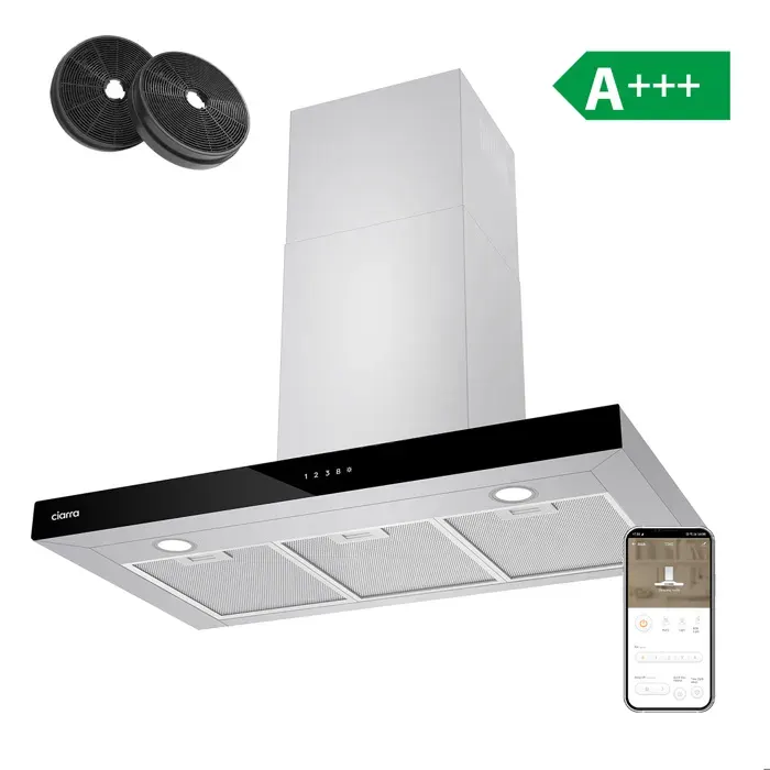 Hotte Aspirante 90cm 650m3/h APP Contrôle et Commande Tactile A+++ Booster Fonction Hotte de cuisine Noir CIARRA