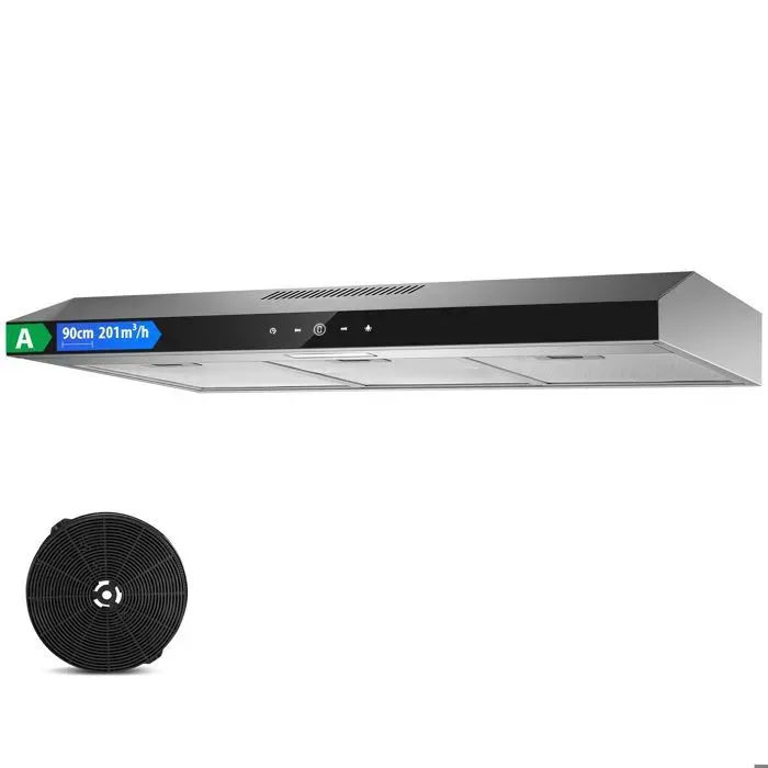 Hotte Aspirante 90cmHotte visièreEclairage LEDEvacuation et RecyclageHotte de CuisineNoirFiltre à charbon inclus