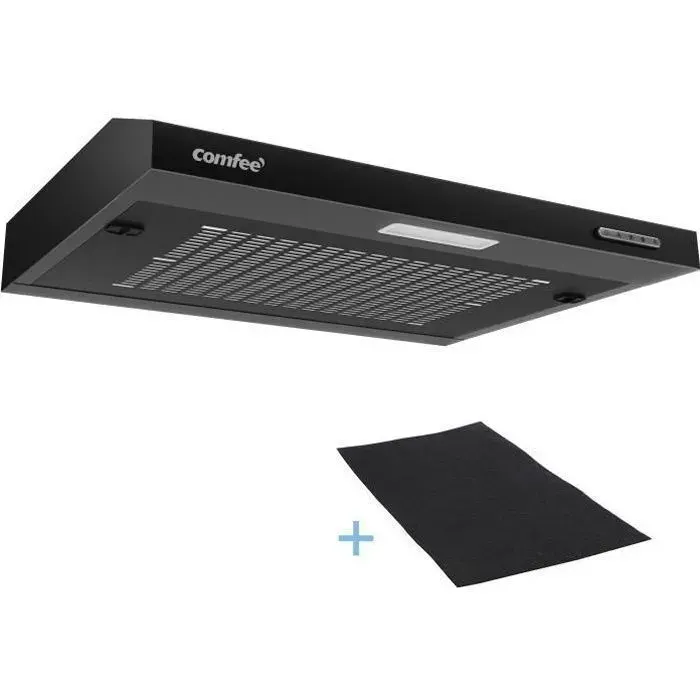Hotte Aspirante Casquette Visière 60cm Comfee -3 Vitesses - Évacuation et Recyclage - LED Lampe - Filtre en Coton - Noir
