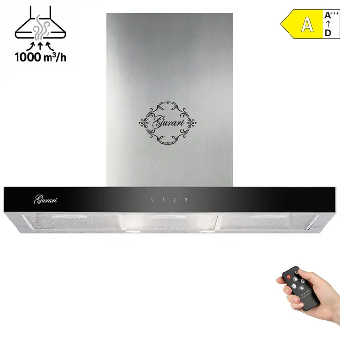 Hotte aspirante Gurari 462 IS Prime 90 cm acier inoxydable 1000 m³/h 3 niveaux TouchControl télécommande hotte murale