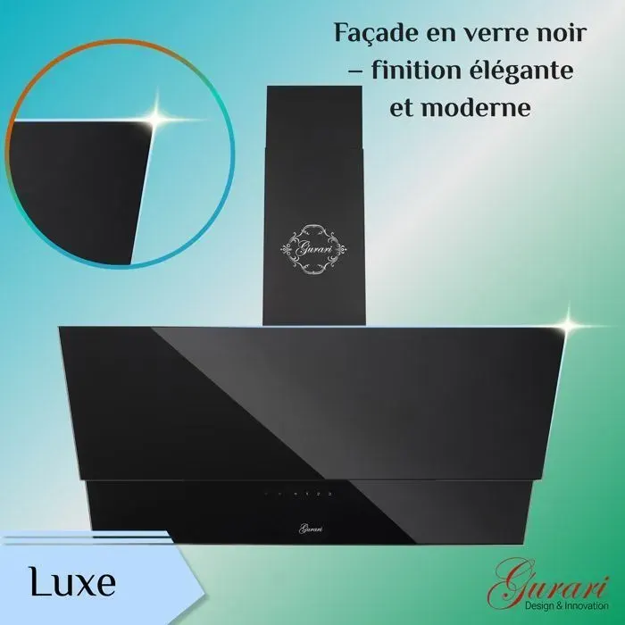 Hotte aspirante inclinée GURARI GCH 268 Prime Нotte murale 80 cm • Noire Verre • 1000 m³/h • Classe A • Evacuation & Recyclage