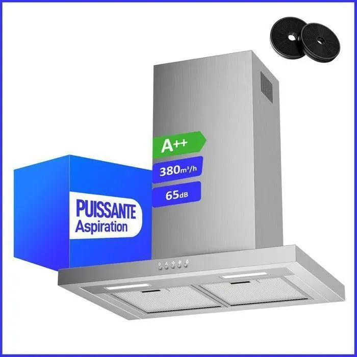 Hotte Aspirante Levivo 60cm 380m³/h A+++ Évacuation & Recyclage Filtre à Charbon Argent
