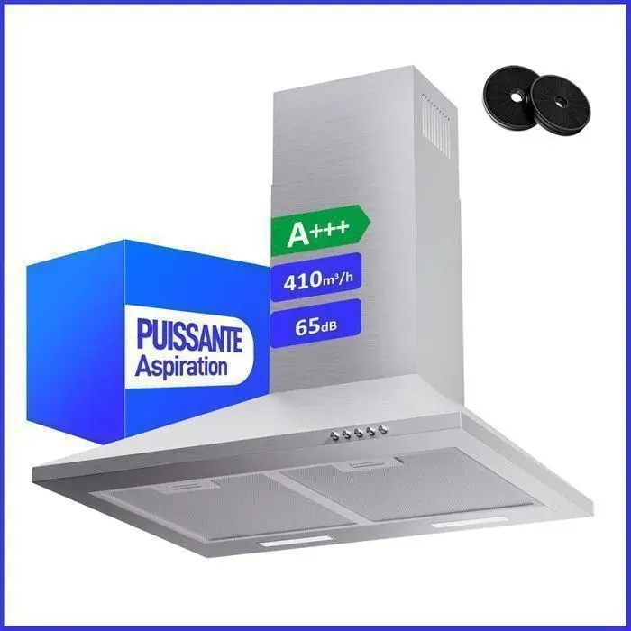 Hotte Aspirante Levivo 60cm 410m³/h A+++ Évacuation & Recyclage Filtre à Charbon Argent