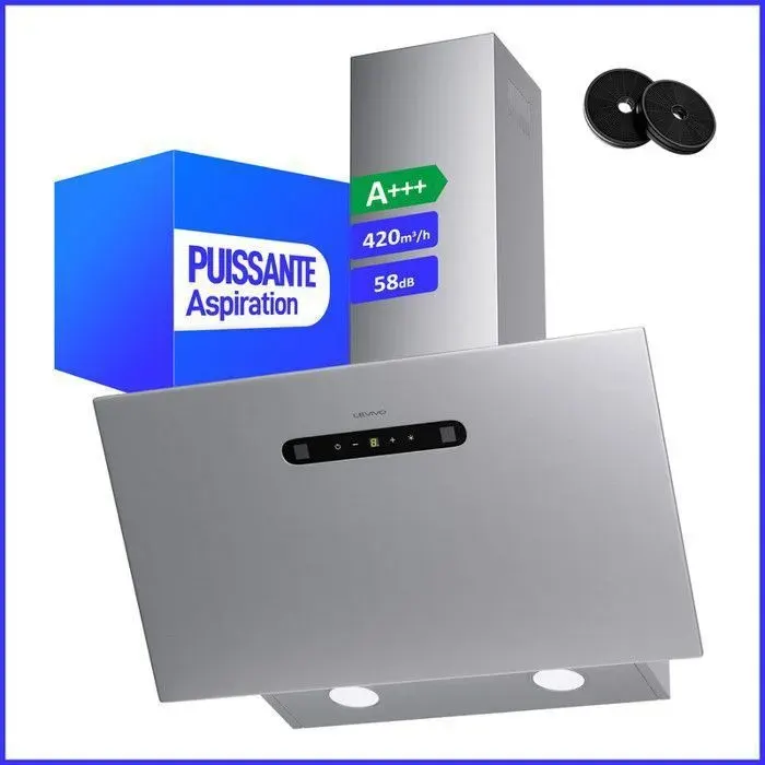 Hotte Aspirante Levivo 60cm 420m³/h A+++ Évacuation & Recyclage Filtre à Charbon Argent