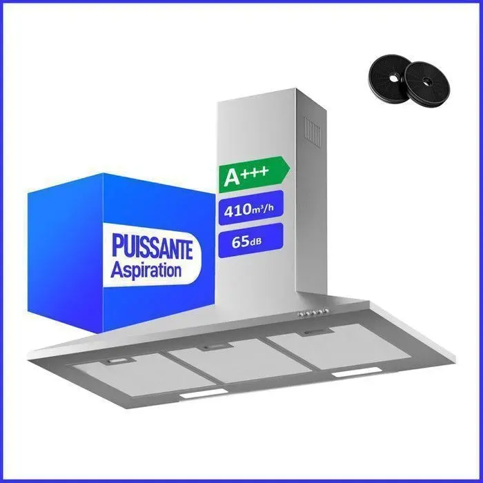 Hotte Aspirante Levivo 90cm 410m³/h A+++ Évacuation & Recyclage Filtre à Charbon Argent