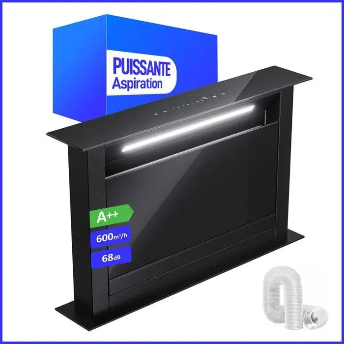 Hotte Aspirante Levivo Downdraft 60cm 600m³/h A++ Évacuation & Recyclage Filtre à Charbon Noir