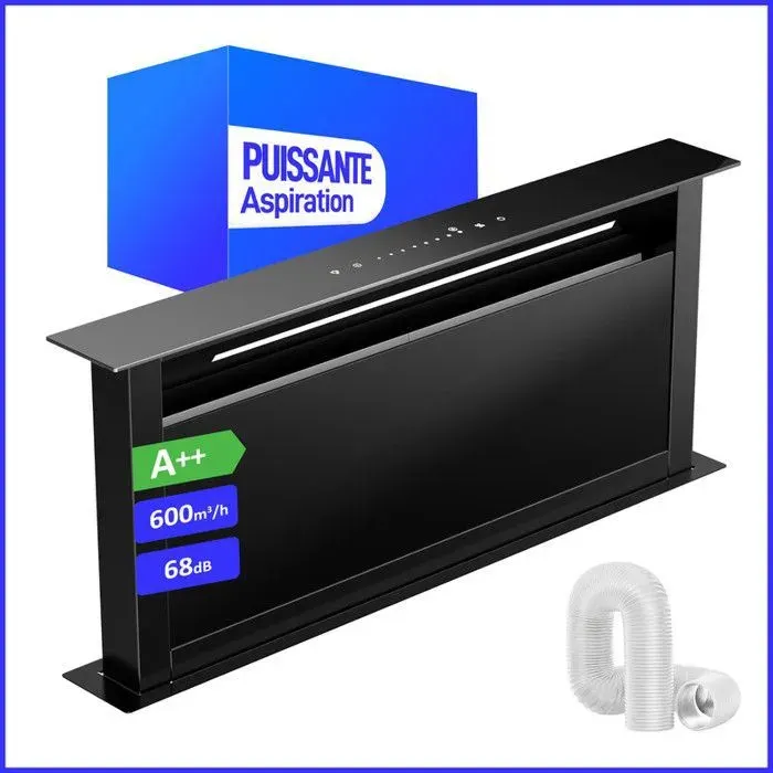 Hotte Aspirante Levivo Downdraft 90cm 600m³/h A++ Évacuation & Recyclage Filtre à Charbon Noir