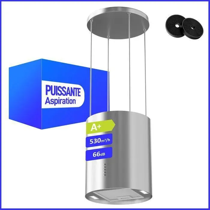 Hotte Aspirante Levivo Ilot Central 38cm 530m³/h A+ Évacuation & Recyclage Filtre à Charbon Argent