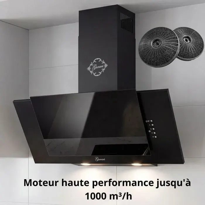 Hotte aspirante murale inclinée - GURARI - GCH S 482 90 BL - 90 cm - Verre noir - 1000 m³/h