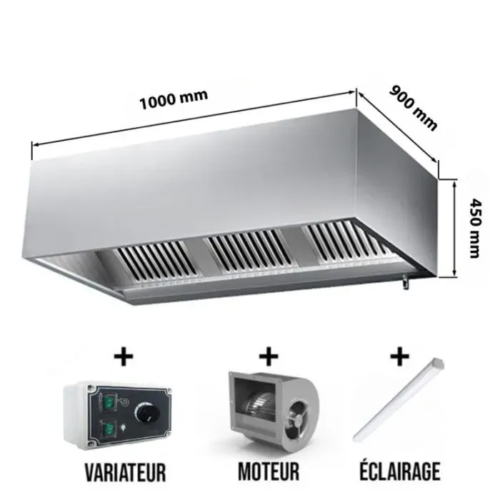 Hotte caisson avec moteur 1000x900x450 mm avec variateur éclairage filtre et robinet de vidange PREMIUM - GOLDINOX
